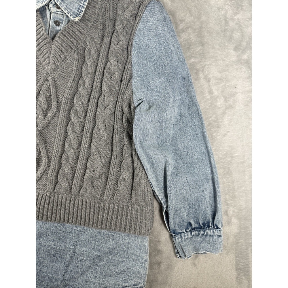 Altar'd State Layered Sweater Denim Shirt Women's Medium Cable Knit 2 Fer Top - Picture 3 of 10